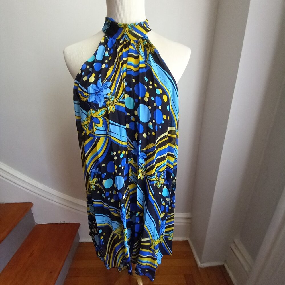 JANETTE BLACK AND BLUE PRINTED PLEATED CHIFFON HALTER DRESS NWOT M